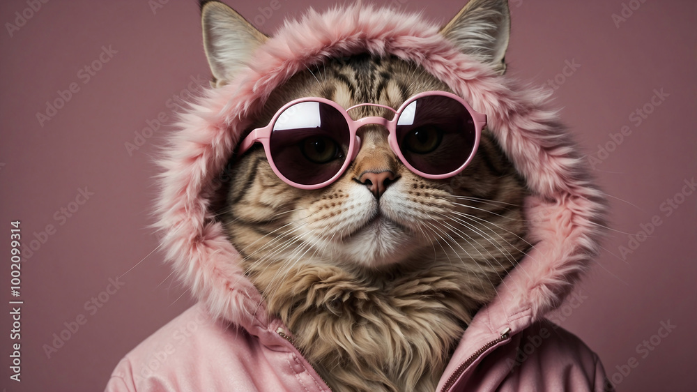 Obraz premium Funny cute hooded cat in a pink jacket and glasses