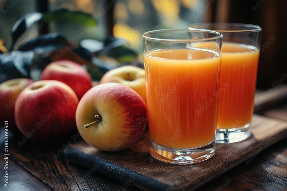 Glasses of apple juice sitting on rustic cutting board surrounded by apples Glasses of apple juice sitting on rustic cutting board surrounded by apples
