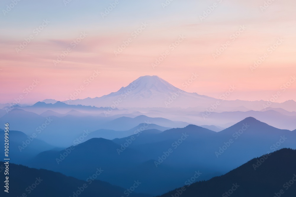 Obraz premium Peaceful mountain range at sunrise with soft pastel colors 