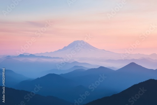 Peaceful mountain range at sunrise with soft pastel colors 