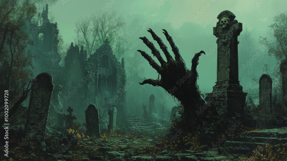 A spooky hand emerges from a graveyard, perfect for Halloween. A spooky hand emerges from a graveyard, perfect for Halloween.