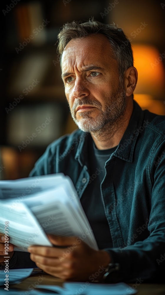 Serious mature businessman reading documents at cafe table Serious mature businessman reading documents at cafe table