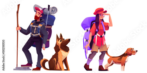 Man and woman with dog - hiker tourist with backpack during walk travel. Cartoon vector illustration set of active trekking persons with pets and knapsacks full of camping staff on hike journey.
