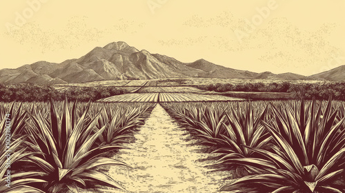 A hand-drawn picture of an agave field, showing the traditional way tequila is made. It looks like a vintage woodcut, perfect for a menu or poster.