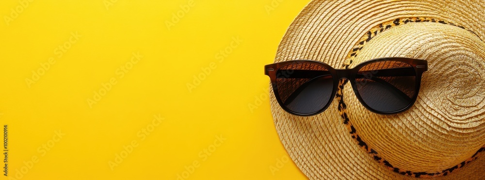 Straw hat and sunglasses on a bright yellow background
Straw hat and sunglasses on a bright yellow background