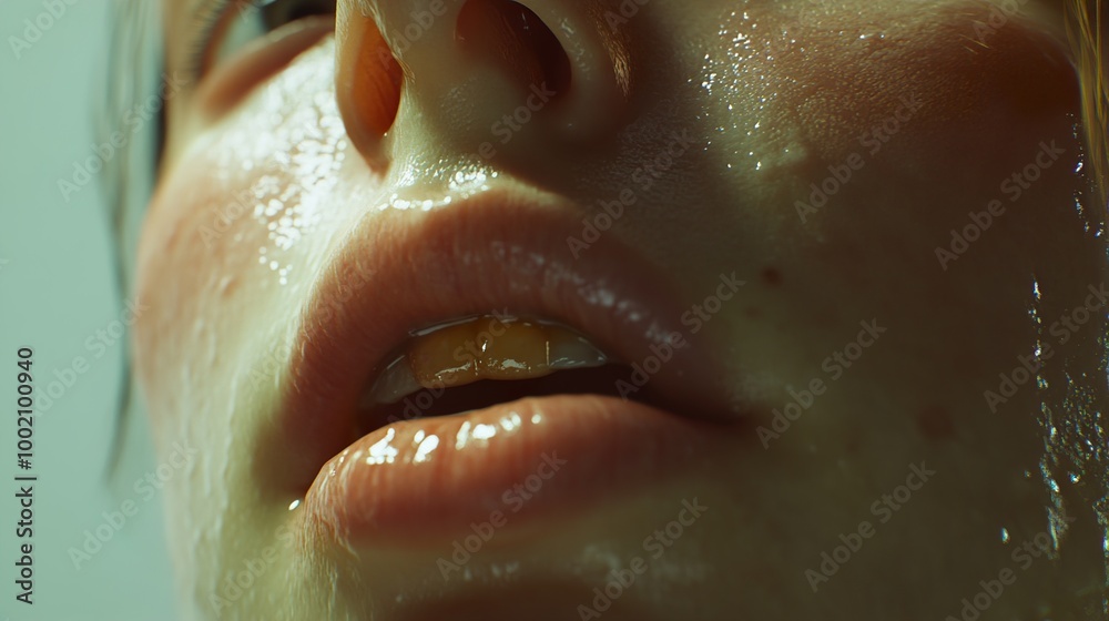 Close-up Portrait of a Wet Face with Glossy Lips Close-up Portrait of a Wet Face with Glossy Lips