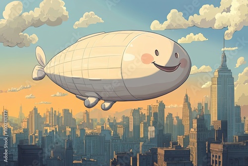 A Smiling Dirigible Flying Over a Cityscape
