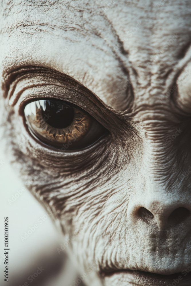 Close-up of an extraterrestrial being with large, expressive eyes and detailed, wrinkled skin, showcasing a mysterious and intriguing appearance. Close-up of an extraterrestrial being with large, expressive eyes and detailed, wrinkled skin, showcasing a mysterious and intriguing appearance.