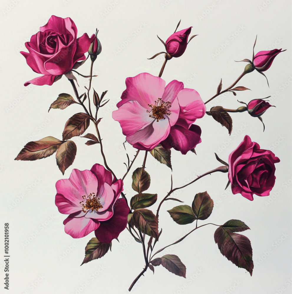 Fototapeta premium magenta colored roses and rose buds on a white background