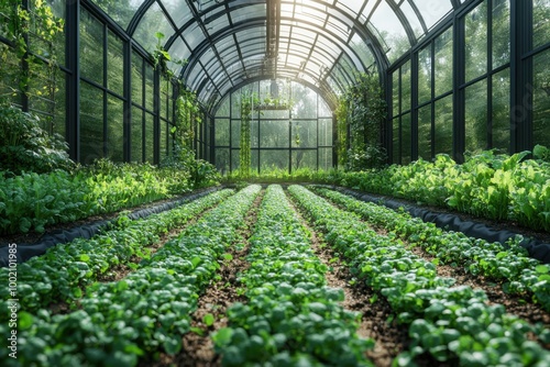 Lush Greenhouse with Vibrant Vegetation and Sunlit Glass Roof