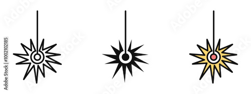LASER beam icons set, set of three editable laser beam icons, laser beam icon in black and white silhouette and in editable colored beam.