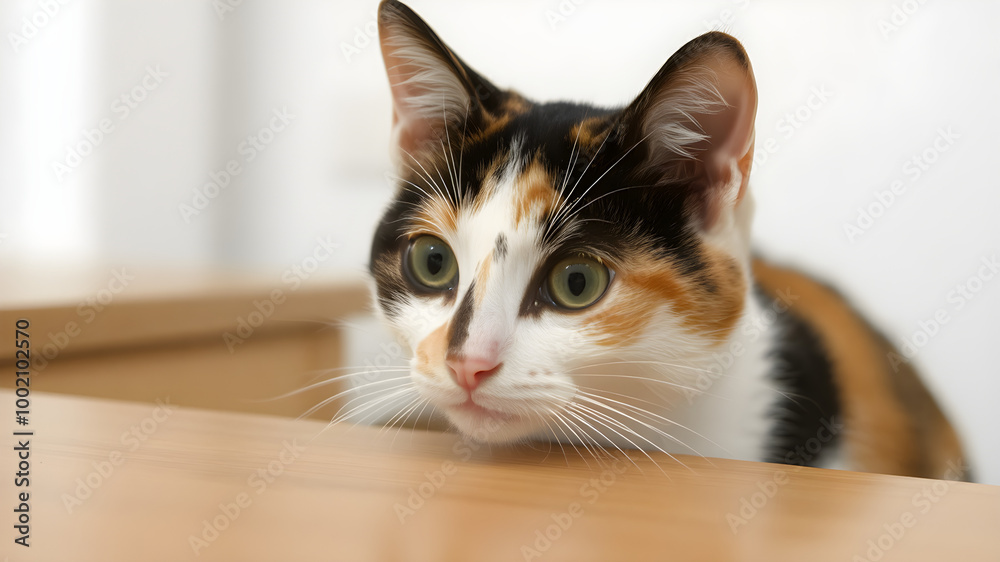 Curious Calico Cat in a Cozy Indoor Setting Curious Calico Cat in a Cozy Indoor Setting