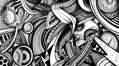 A creative black and white art illustration featuring intricate geometric shapes and patterns, with high contrast and precise lines. 8k UHD, suitable for high-quality printing or digital display. 
