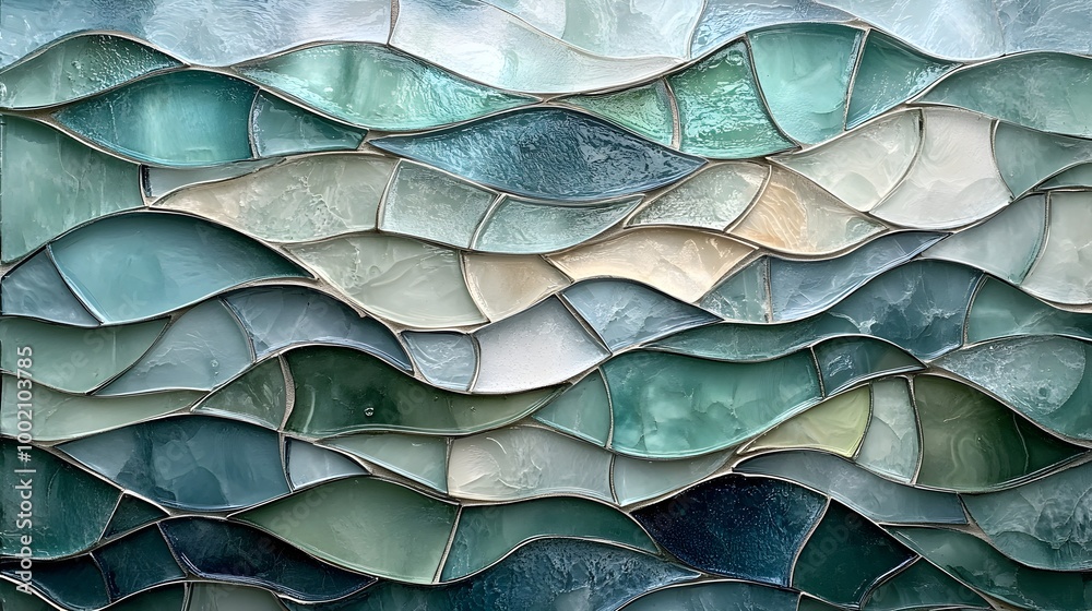 Obraz premium Asymmetrical glass tile mosaic, fluid wave-like design, mixed media, soft pastel blues and greens, shimmering with sunlight reflections