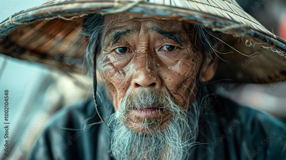 Close-up Portrait of an Elderly Asian Man with a Conical Hat