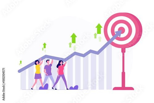 Business growth concept, exceeding sales targets, and achieving significant success in generating company revenue. Depiction of a businessmans with a graph breaking through the target
