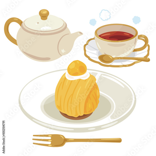皿に盛られた黄色いモンブランと紅茶セット