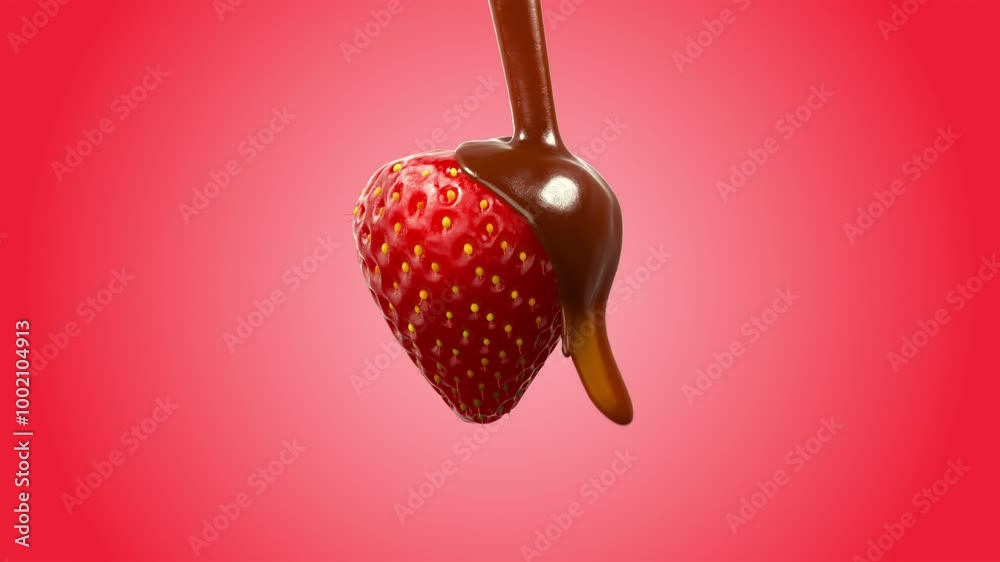 Closeup Choclate sauce drip on red strawberry isolate on pink background. 3D Animation.