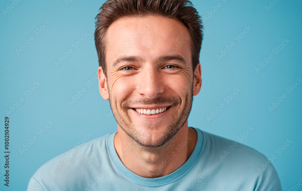 young man smiling looking at camera with a light blue background
young man smiling looking at camera with a light blue background