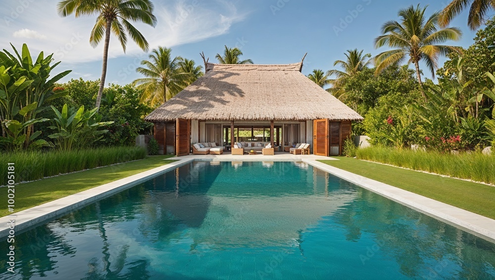 luxurious tropical villa with a thatched roof and wooden structure, surrounded by lush greenery. luxurious tropical villa with a thatched roof and wooden structure, surrounded by lush greenery.