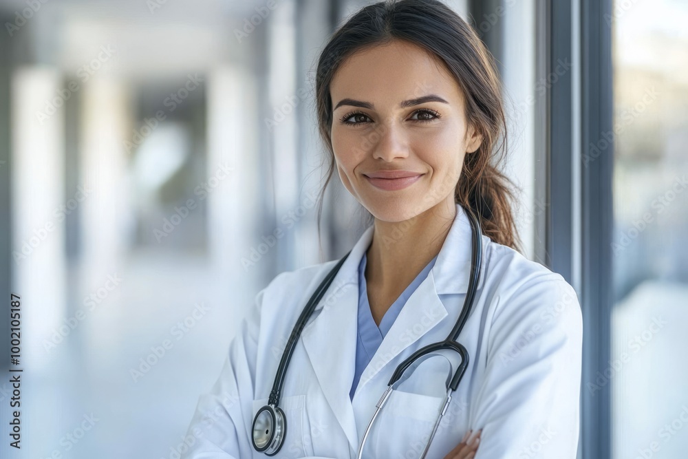 Confident female doctor in a white coat ready to care for patients.