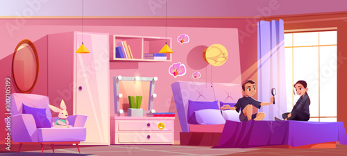 Teen kids in pink children room sitting on bed and playing. Cartoon vector teenagers friends talking and smiling in girly bedroom with bed and armchair, cabinet and window, mirror and dresser.