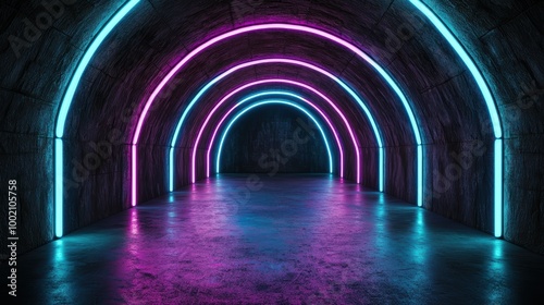 Futuristic neon tunnel with vibrant lighting