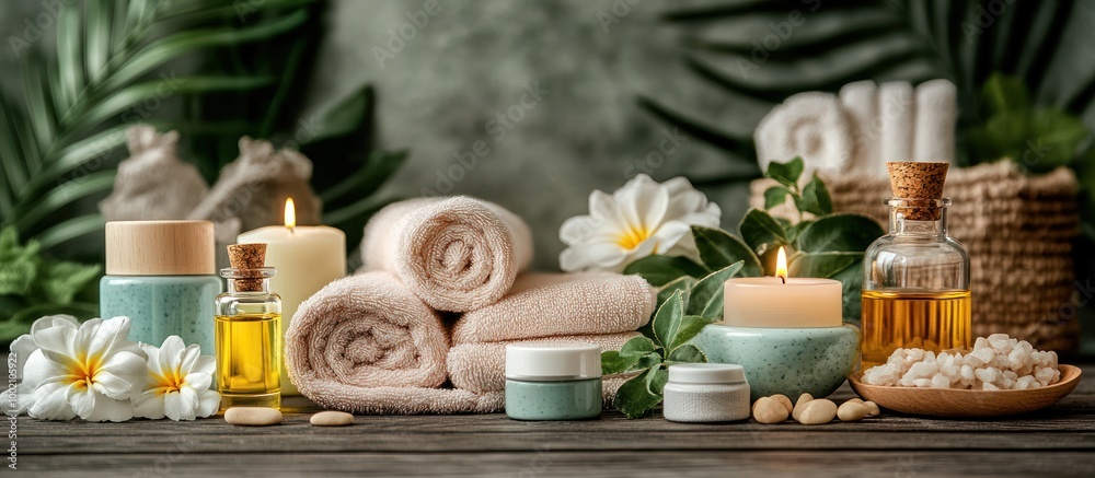 Spa treatment products arranged on a wooden table with towels, candles, and flowers. Spa treatment products arranged on a wooden table with towels, candles, and flowers.
