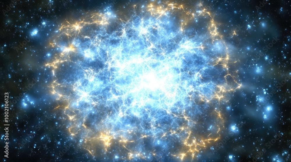 Obraz premium A stunning view of a bright stellar explosion in deep space, showcasing glowing blue and yellow cosmic energy against a starry backdrop