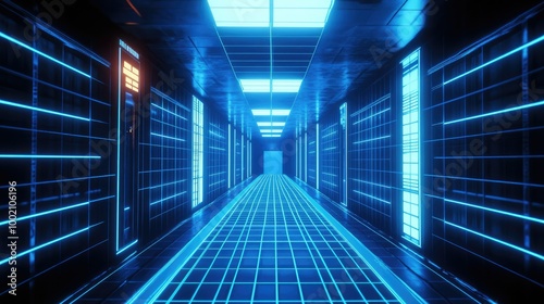 Futuristic sci fi corridor glowing with blue neon lights background