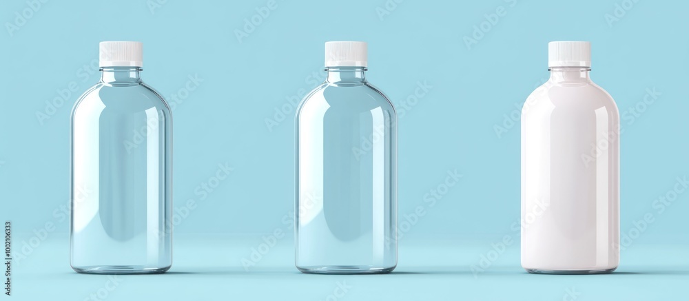 Three glass bottles with white caps on a blue background.  The bottle on the right is opaque while the other two are transparent.