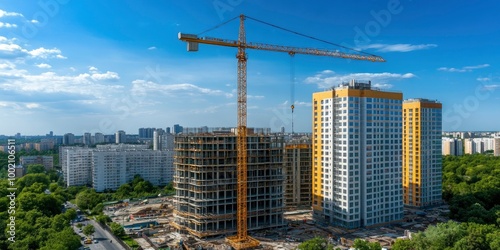 Background of a construction site. Cranes and new multi-story skyscrapers being hoisted. background in industry. Construction site work is being done against a clear sky.