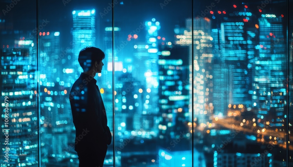 Cityscape view with a man standing by the window, thinking about the future. Cityscape view with a man standing by the window, thinking about the future.