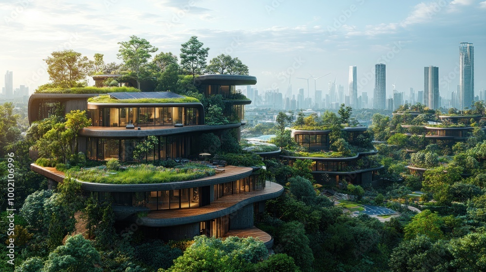 Obraz premium Futuristic eco-friendly buildings with green roofs and lush vegetation against the backdrop of a modern city skyline.