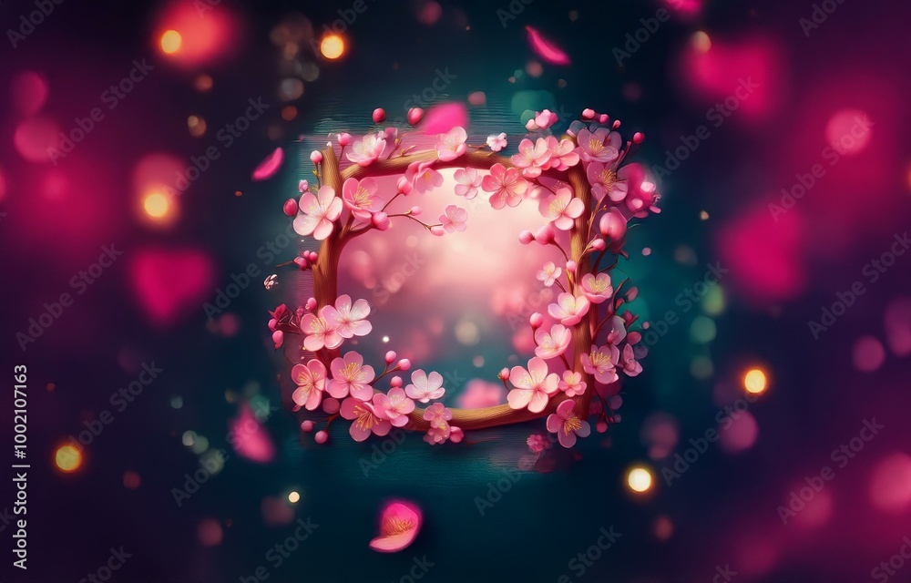 A floral frame of pink blossoms with blurred lights and petals falling against a dark background. A floral frame of pink blossoms with blurred lights and petals falling against a dark background.