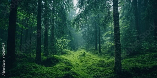 Outside nature exploration in a dark green forest landscape