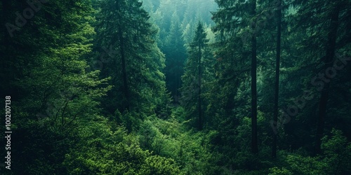 Outside nature exploration in a dark green forest landscape