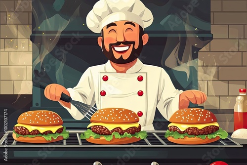 A Smiling Chef Grilling Three Cheeseburgers on a Black Grill photo