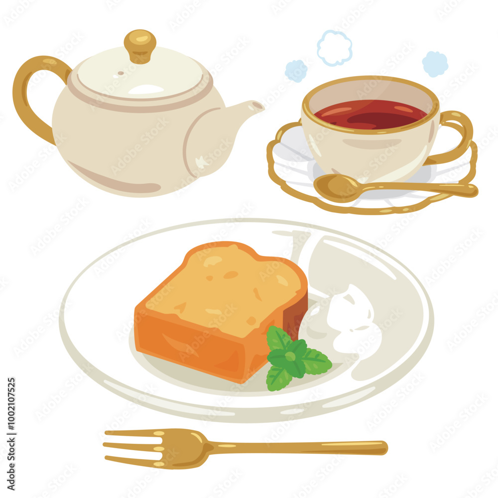 皿に盛られたパウンドケーキと紅茶セット 皿に盛られたパウンドケーキと紅茶セット