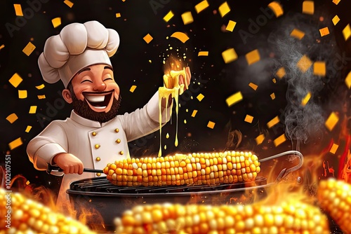 A Cheerful Chef Grilling Corn on the Cob with Dripping Butter photo