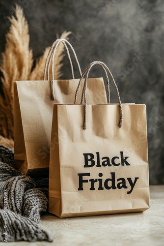 Several shopping bags marked with Black Friday stand prominently, symbolizing the rush for discounts and deals that define the post-Thanksgiving shopping experience photo