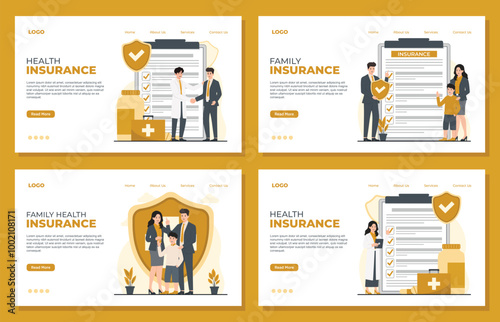 Health insurance landing page template concept. web banner Medical insurance illustration of family life insurance
