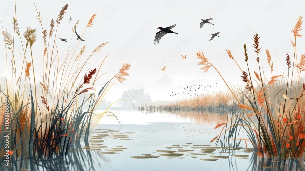 Tranquil Wetland with Birds and Reeds at Dusk Tranquil Wetland with Birds and Reeds at Dusk
