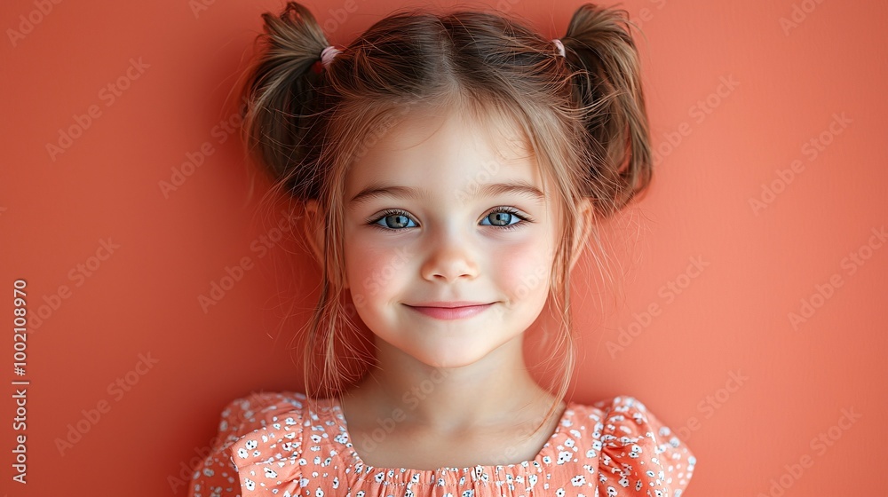 Joyful Little Girl with Pigtails in Colorful Dress against Coral Background - Close-Up Portrait of Happy Smiling Kid Joyful Little Girl with Pigtails in Colorful Dress against Coral Background - Close-Up Portrait of Happy Smiling Kid