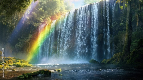 Majestic Waterfall with Rainbow in Lush Forest Setting