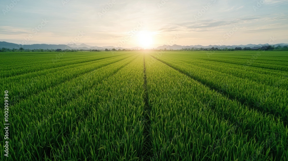 Scenic view of lush green rice field at sunset Scenic view of lush green rice field at sunset