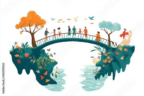 vector art of bridge between two island with people