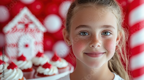 Smiling girl with freckles and cupcakes photo