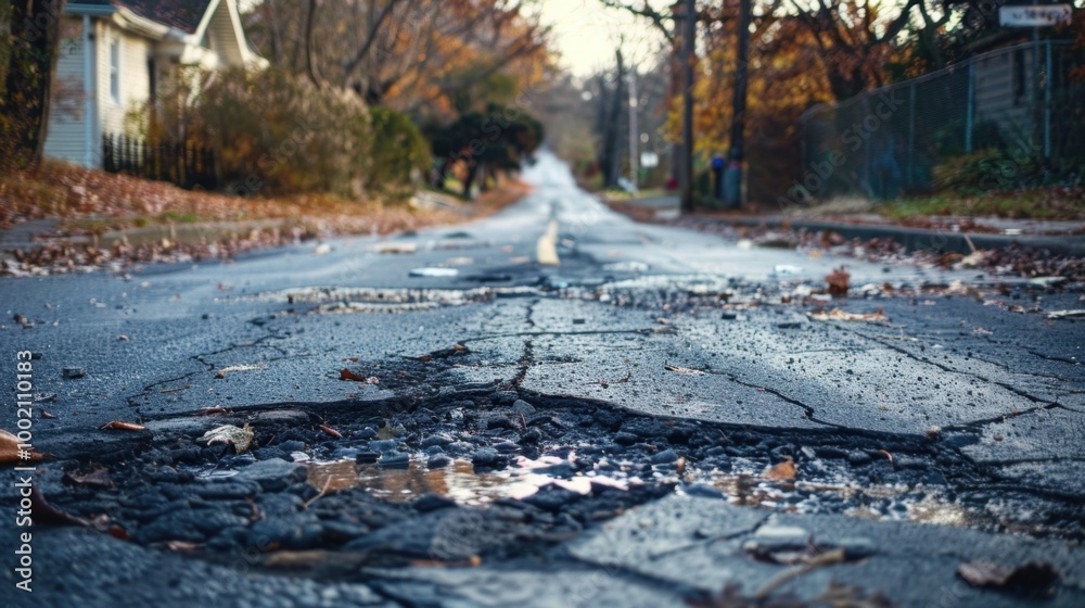 Cracked Road With Potholes in Autumn Scenery Cracked Road With Potholes in Autumn Scenery
