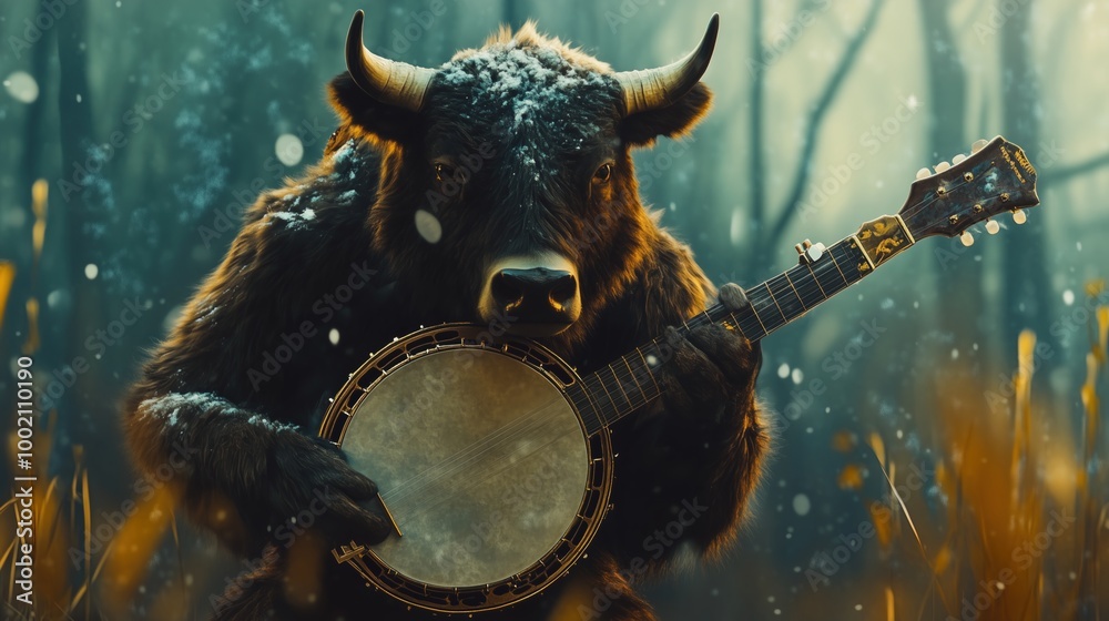 Fototapeta premium Bison Playing Banjo in Surreal Forest